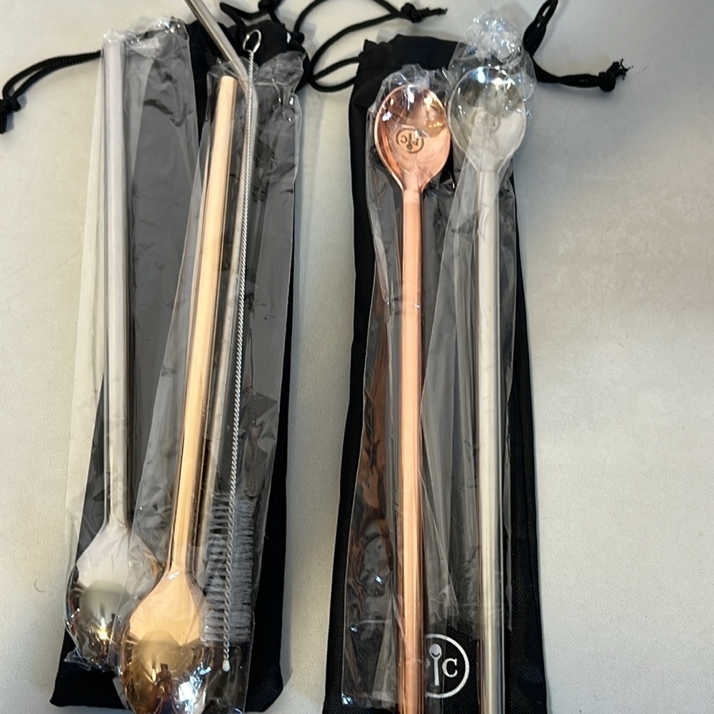 Pampered Chef Bundle Stainless Steel Metal Spoons & Straw bag cleaning brush